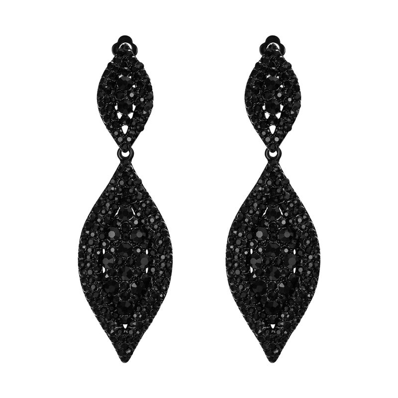 Flyonce Clip On Earrings for Women, Glitter Rhinestone Crystal Wedding Bridal Clip-on Drop Dangle Earring for Non Pierced Ears Black Black-Tone - Image 1